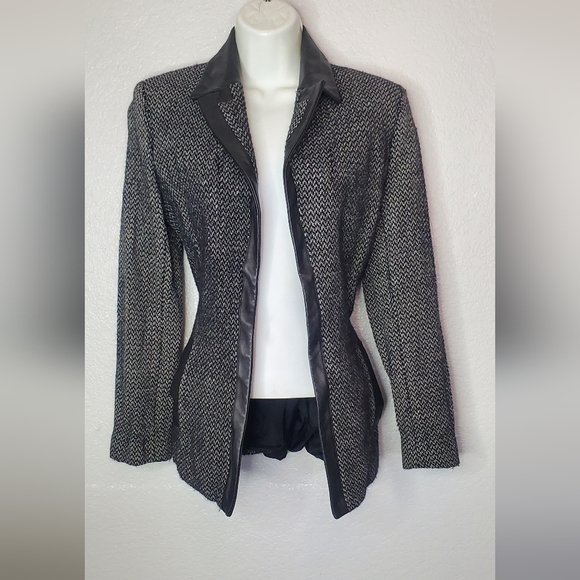 Wool & Genuine Leather Black & Gray Modern Blazer Jacket Notched - Picture 2 of 10